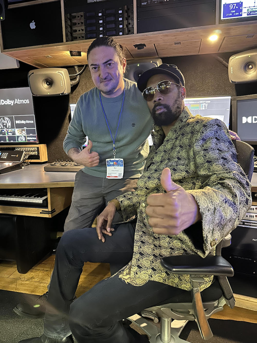 Wu-Tang Clan’s RZA (seated) worked with Pietro Rossi (standing) on Atmos mixes in the Lennon Bus throughout the group’s recent tour. Photo: John Lennon Educational Tour Bu