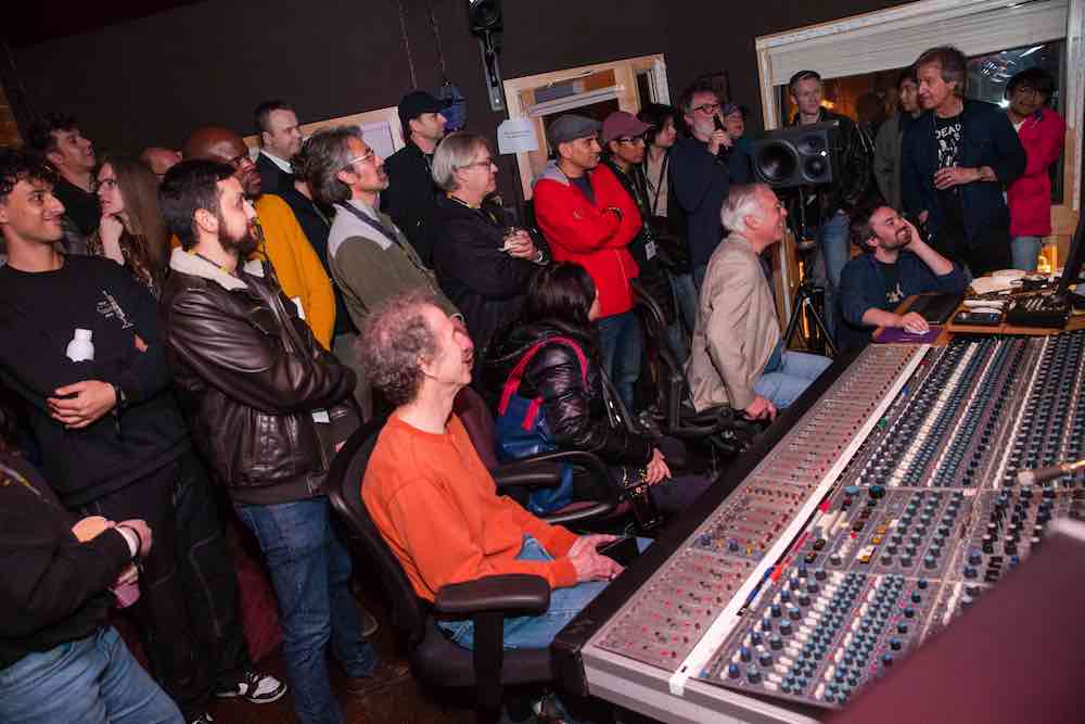 Legendary mixer Bob Clearmountain (upper right corner) hosted and played back stellar Dolby Atmos mixes at the Apogee Afterparty for Mix L.A.: Immersive Music Production.