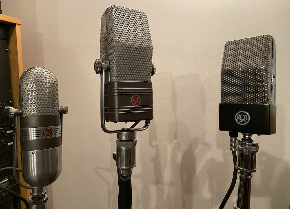 A power trio of ribbon mics, all restored by Clarence Kane. Left to right: RCA 77DX, RCA 44BX, RCA 74B. 