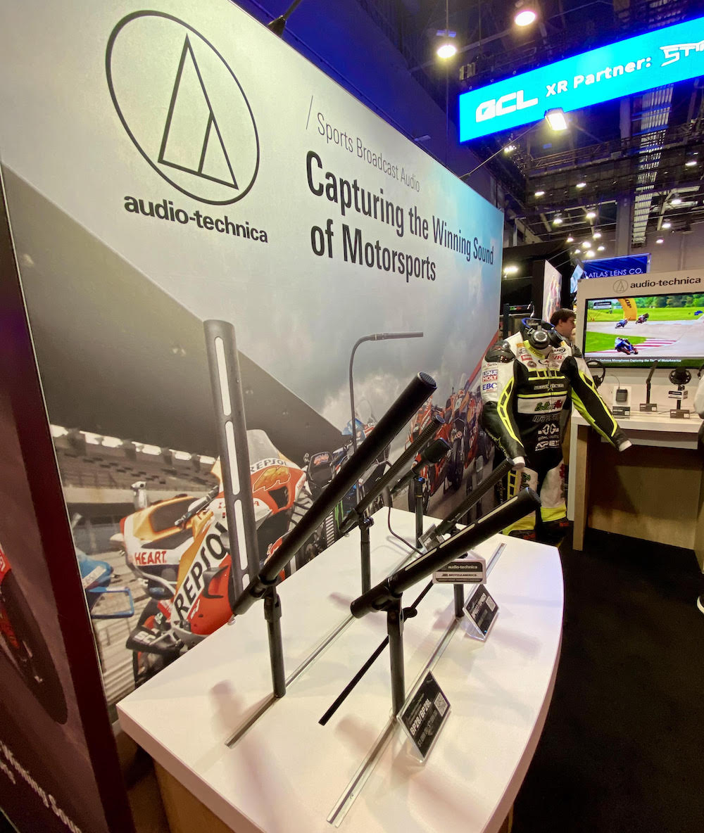A selection of Audio-Technica shotgun mics are part of the display at A-T’s booth, highlighting its partnership with MotoAmerica and underlining the company’s new rental program for broadcast audio systems.