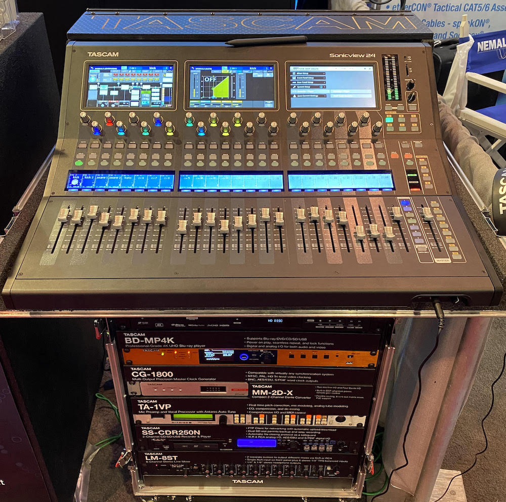 Tascam’s SonicView24 is on view at the company’s booth, outfitted with the brand-new IF-ST2110 expansion card, enabling SMPTE ST 2110 networking on Sonicview mixing consoles.