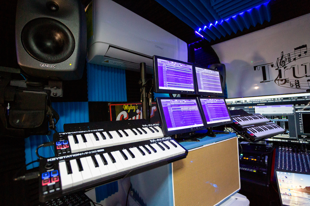 The TrueSPL mobile production facility includes an Allen&Heath ZED console, Cubase 12 to render to Atmos, a 6.1 Genelec 8040B monitor system (with 7050C 8-inch sub), TrueSPL SSA1 multichannel sequencer and four parallel 4-core, 4.7GHz processors with 64 GB of RAM and 2 TB of storage each. Photo: Dajuana Jones.