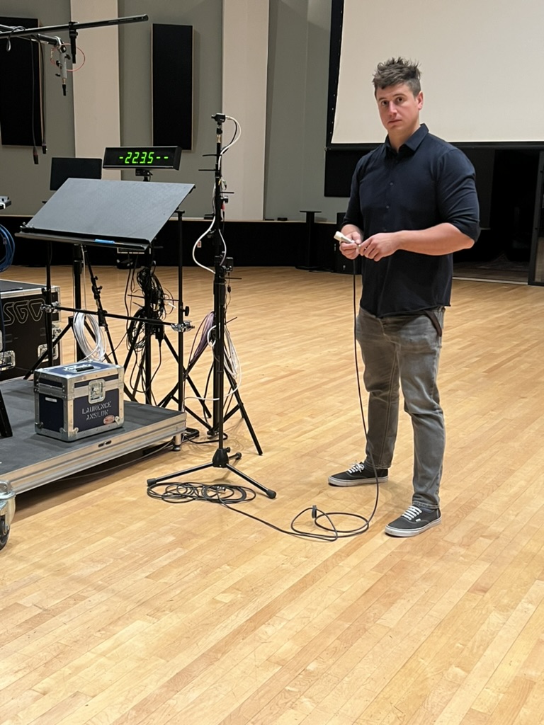 Laurence Anslow setting up mics for an orchestral session at Evergreen Studios in Burbank, Calif. Photo: Courtesy of Laurence Anslow.