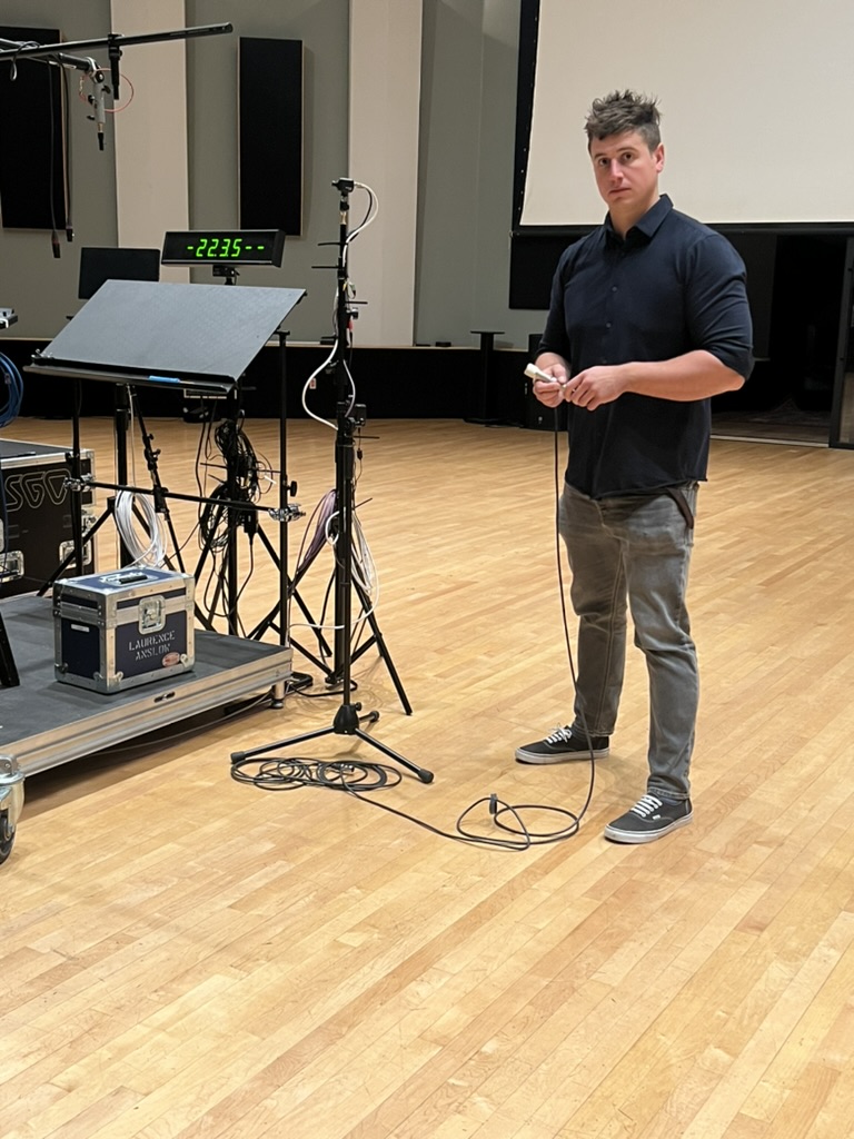 Laurence Anslow setting up mics for an orchestral session at Evergreen Studios in Burbank, Calif. Photo: Courtesy of Laurence Anslow.