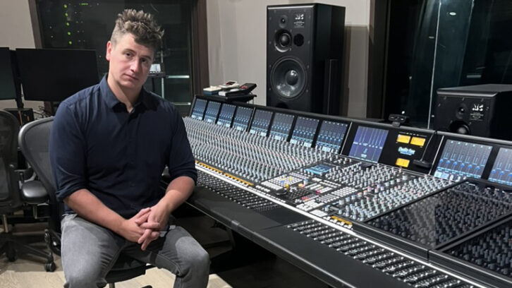 Engineer Laurence Anslow at the console in Evergreen Studios, Burbank, Calif. Photo: Courtesy of Laurence Anslow.