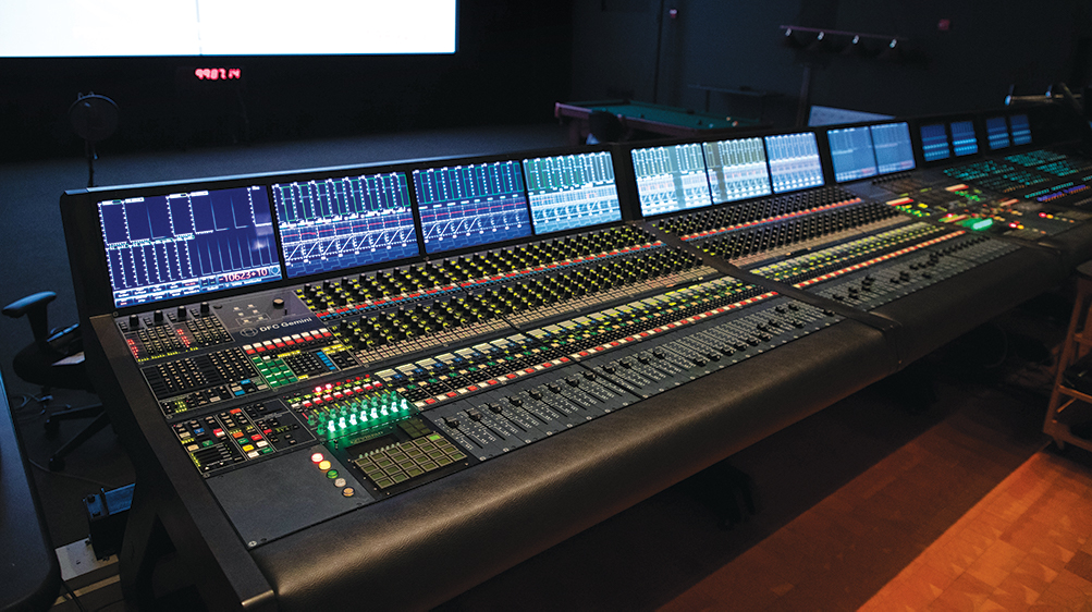 The hybrid console on the Howard Hawks Stage, where sections of the 96-fader AMS Neve DFC-3D Gemini mixing consoles—with 1,000-path dual engine—can be swapped out with Avid S6 surfaces according to a mixer’s preference. PHOTO: Frank Micelotta for Fox.