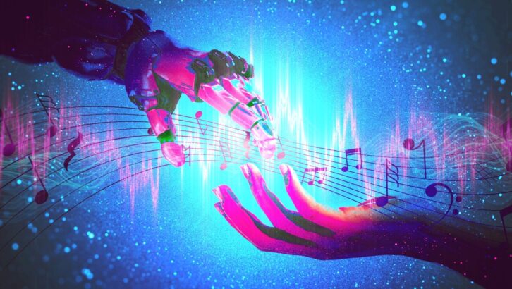 Human and AI hands poised to create, representing the duality of modern music innovation.