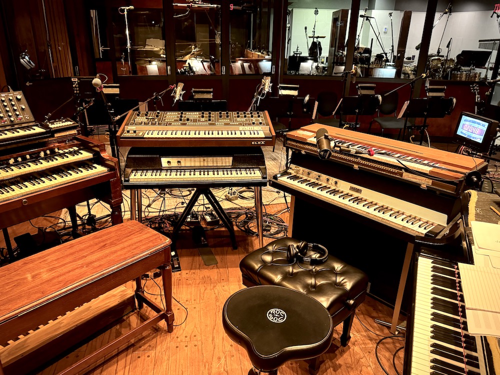 Jon Batiste’s Keyboard Village at Power Station B3, Moog Voyager, Elka Synthex, Wurlitzer, Fender Rhodes, Hohner Clavinet and, Steinway Grand. Photo: Courtesy of William Garrett.