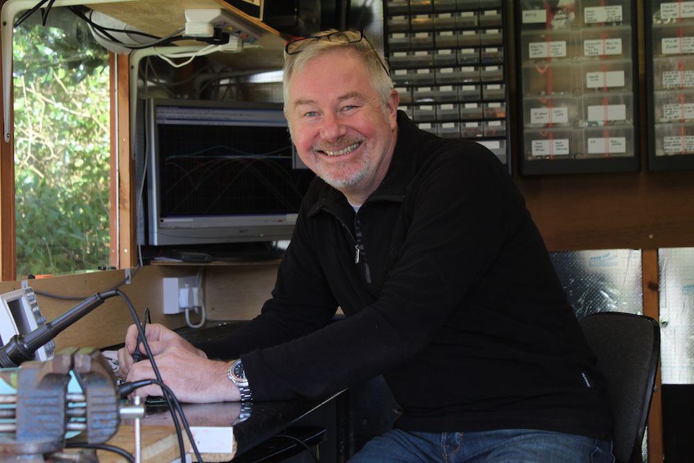 Union Audio founder Andy Rigby-Jones in the shed where he started the company.
