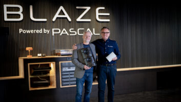 Cornered Audio’s Hans Madsen (left) and Blaze Audio’s George Tennet following the acquisition of the Ci Series.