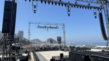 A rear view of some of the 16 L-Acoustics delay towers stretching down the beach. Photo: Brandon Ishmael