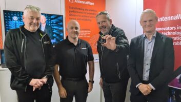 At IBC for the launch were (l-r): Pyers Easton (Raycom CEO), Dr Gareth Conway (AntennaWare CEO), Andy Clements (Raycom Commercial Director) and Jonny McClintock (AntennaWare Commercial Director).