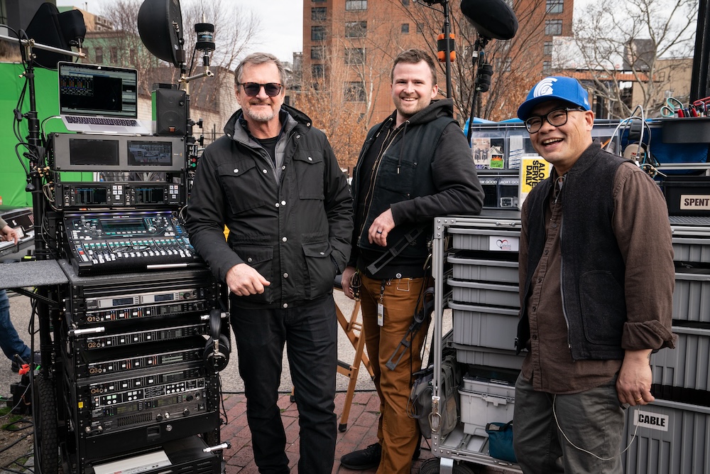 From left: Production sound mixer Tod Maitland, sound assistant Terence McCormack and boom operator Jerry Yuen on the set of Tick Tick Boom, with the same production cart used on A Complete Unknown. Photo: Courtesy of Tod Maitland.
