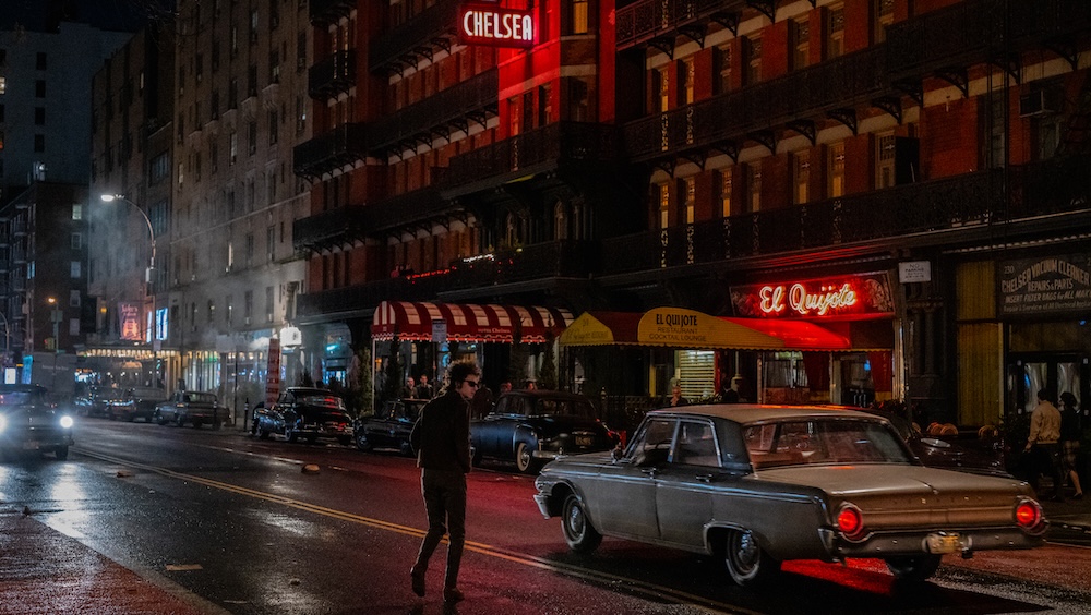 Bob Dylan (Timothée Chalamet) crosses 23rd Street toward the Hotel Chelsea in A Complete Unknown. Photo: Macall Polay/Searchlight Pictures.