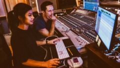 APQ producer/guitarist Clay Ross with engineer Shani Gandhi at the Neve 8060 MkII console in the Echo Mountain control room. Photo: Sandlin Gaither.