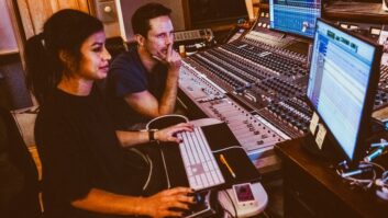 APQ producer/guitarist Clay Ross with engineer Shani Gandhi at the Neve 8060 MkII console in the Echo Mountain control room. Photo: Sandlin Gaither.