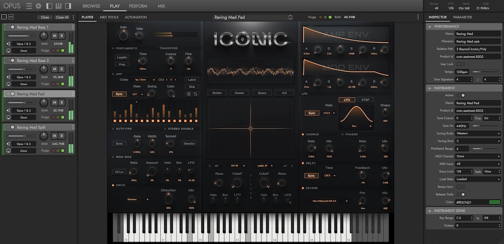 Iconic’s Play page displays the main user interface (via the Player subpage, shown here) or, alternately, subpages for MIDI tools, automation and, if a multi-articulation instrument is loaded, articulations. The Instrument Rack (left side of GUI), Inspector panel (right side) and virtual keyboard (bottom) can each be hidden from view.