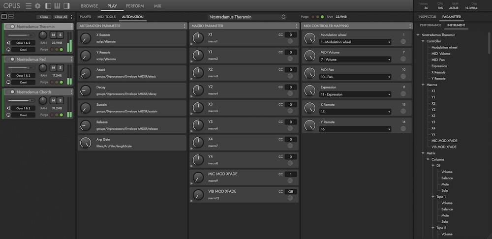 To control a parameter using a MIDI continuous controller (if it’s not already set up that way by default), drag the parameter from the Inspector panel into the Macro Parameter column in Opus’ Automation subpage and type the desired CC number in an associated field.
