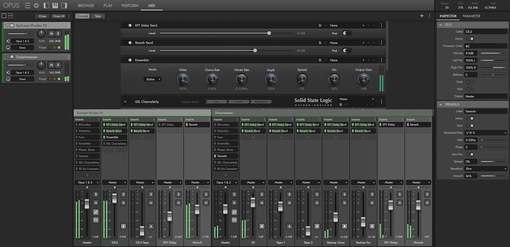 The Mix page shows the mixer and, above it, user-adjustable controls for insert effects loaded on your currently selected channel.