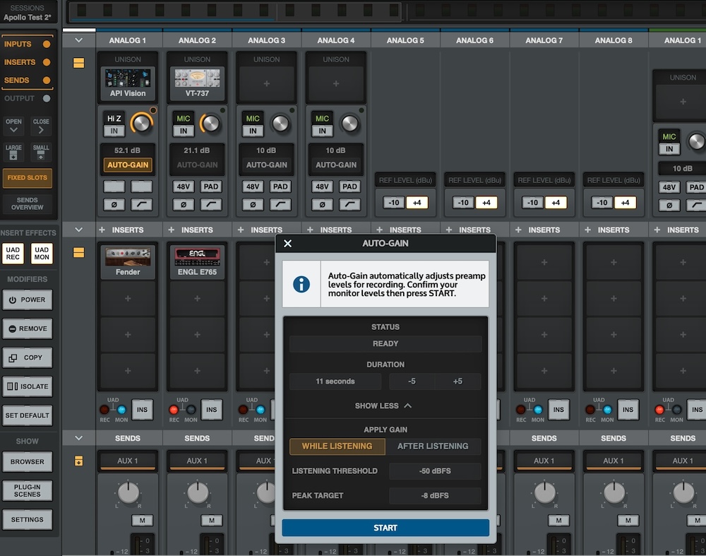 UAD Console shows the Assistive Auto Gain window open.