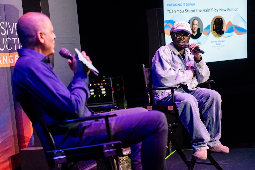 Mix engineer Dennis “ROC.am” Jones, right, spoke with moderator Dave Rideau about his work on the Atmos mixes for the full New Edition catalog, including the 1988 hit, “Can You Stand the Rain?” produced by Jimmy Jam and Terry Lewis. At one point, after Roc mentioned receiving stems, Rideau, who worked with Jam and Lewis regularly at the time, jumped in and said, “But wait, those were the dinosaur days. We didn’t make stems back then.” Roc laughed, and said, “You’re right! They were multis! Those are a lot harder to work with!” A great moment between generations. Photo: Dajuana Jones.