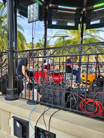 RF Venue’s CP Stage antenna is shown deployed on a mic stand on the stage at The Villages’ Spanish Springs Town Square.