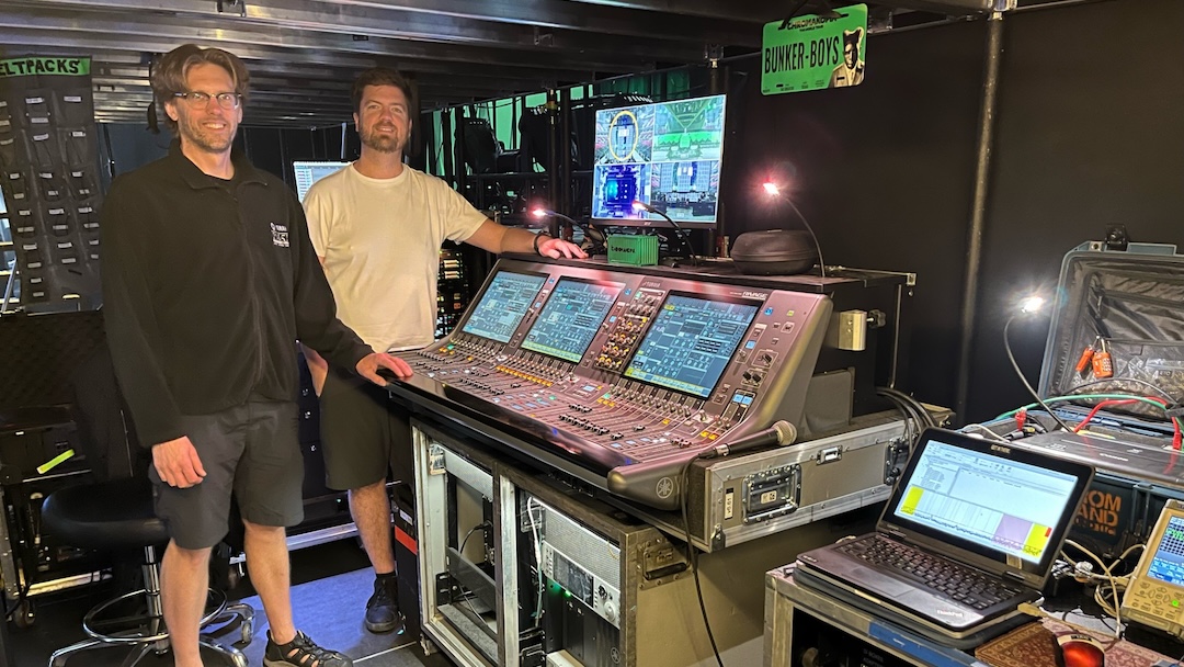 Seen here tackling sound on Tyler, The Creator’s current arena world tour are FOH engineer Paul Wichmann (left) and monitor engineer Landon Storey.