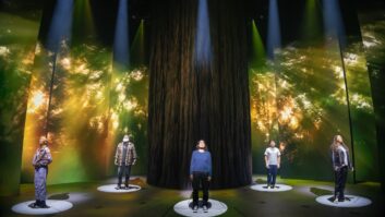 For Broadway’s Redwood (l-r), Khaila Wilcoxon, Michael Park, Idina Menzel, Zachary Noah Piser and De’Adre Aziza are heard via DPA headset mics. PHOTO: Matthew Murphy and Evan Zimmerman for Murphy Made.