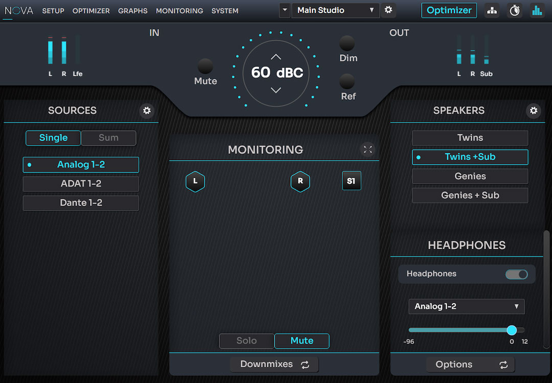 The Main Screen in the Nova software, where users access the main five submenus: Setup, Optimizer, Graphs, Monitoring and System.