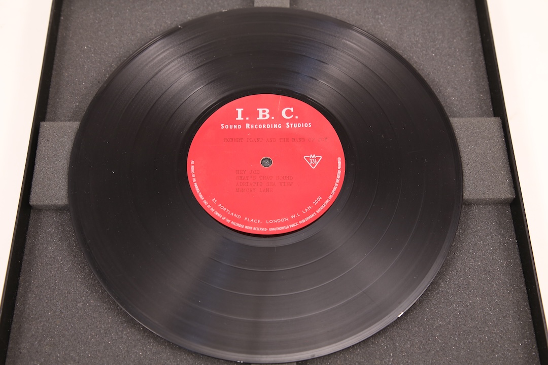 The rarest disc in the film—a 10-inch lacquer of Robert Plant and John Bonham’s 1968 recording of The Band of Joy’s “Memory Lane.” Photo: Courtesy of Nick Bergh.