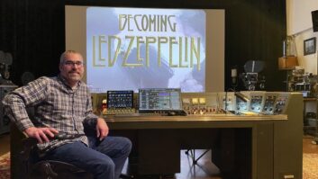 Nick Bergh, seated at the “S-1946” console/control surface, at his facility Endpoint Audio Labs, where the transfers, sound edit and final mix took place for Becoming Led Zeppelin. Photo: Allison McGourty.