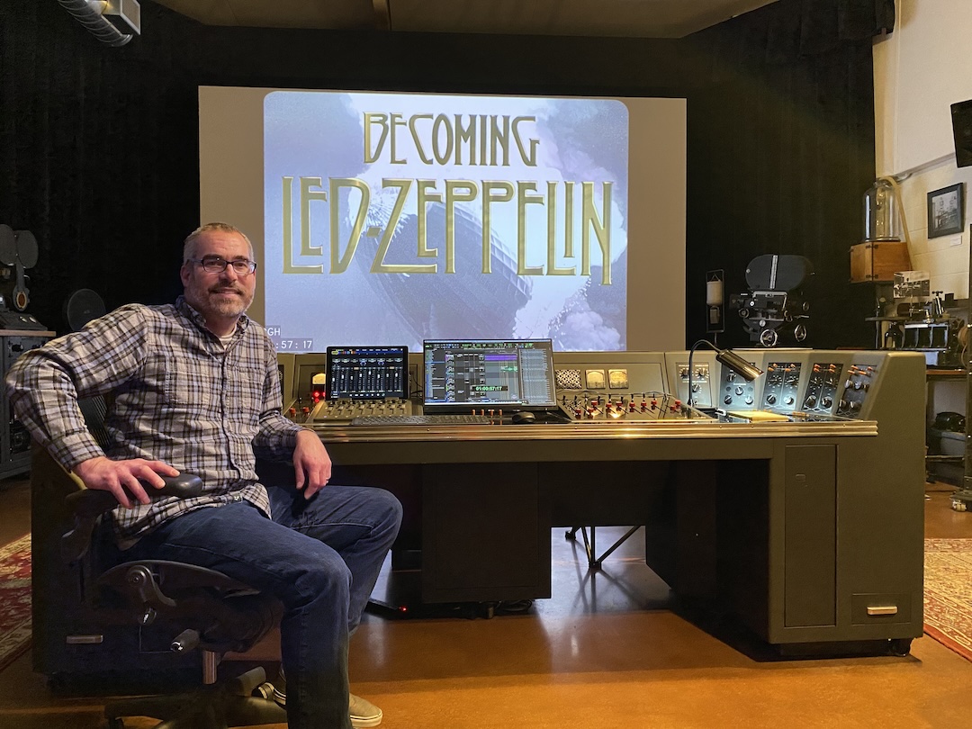 Nick Bergh, seated at the “S-1946” console/control surface, at his facility Endpoint Audio Labs, where the transfers, sound edit and final mix took place for Becoming Led Zeppelin. Photo: Allison McGourty.
