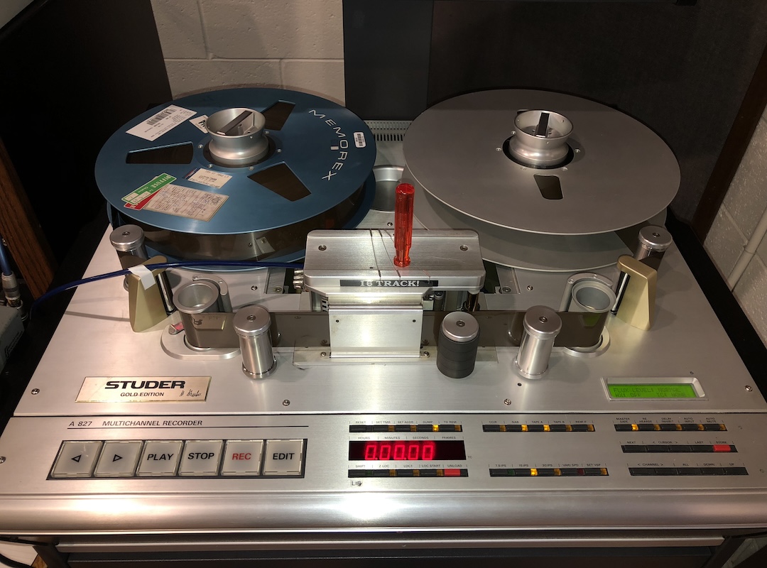 Audio from 2-inch quad video being transferred on a Studer 2-inch A-827 deck. Photo: Courtesy of Nick Bergh.
