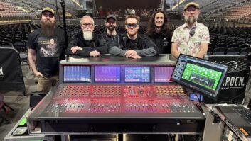 Helping fill every sold-out arena with The Sickness are (l-r): Scott Jarecki, system tech; Brad Divens, FOH engineer; Kevin “Milhouse” Leas, RF/comms tech; Blair Bondy, monitor engineer; Sevrin Huette, P.A. tech; and Liam Tucker, crew chief/monitor tech. Photo: Clive Young.