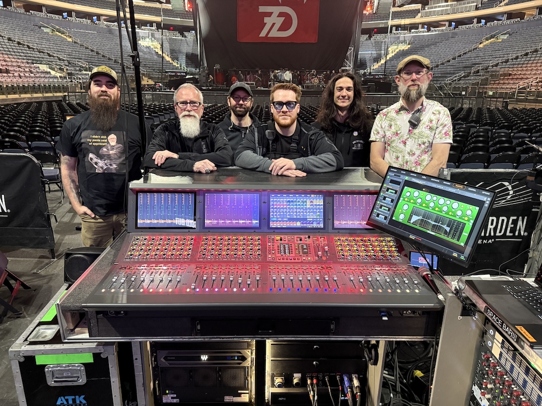Helping fill every sold-out arena with The Sickness are (l-r): Scott Jarecki, system tech; Brad Divens, FOH engineer; Kevin “Milhouse” Leas, RF/comms tech; Blair Bondy, monitor engineer; Sevrin Huette, P.A. tech; and Liam Tucker, crew chief/monitor tech. Photo: Clive Young.