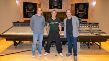 From left: engineer/studio manager Mark Dobson, Keith Urban, and veteran engineer/producer Pat McMakin, who was project manager for the overall rehabilitation of The Tracking Room, now called The Sound. Photo: Brennon Williamson
