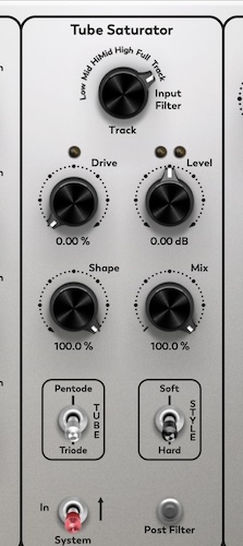 The dial at the top of the Tube Saturation section allows users to target the effect to specific frequency zones.