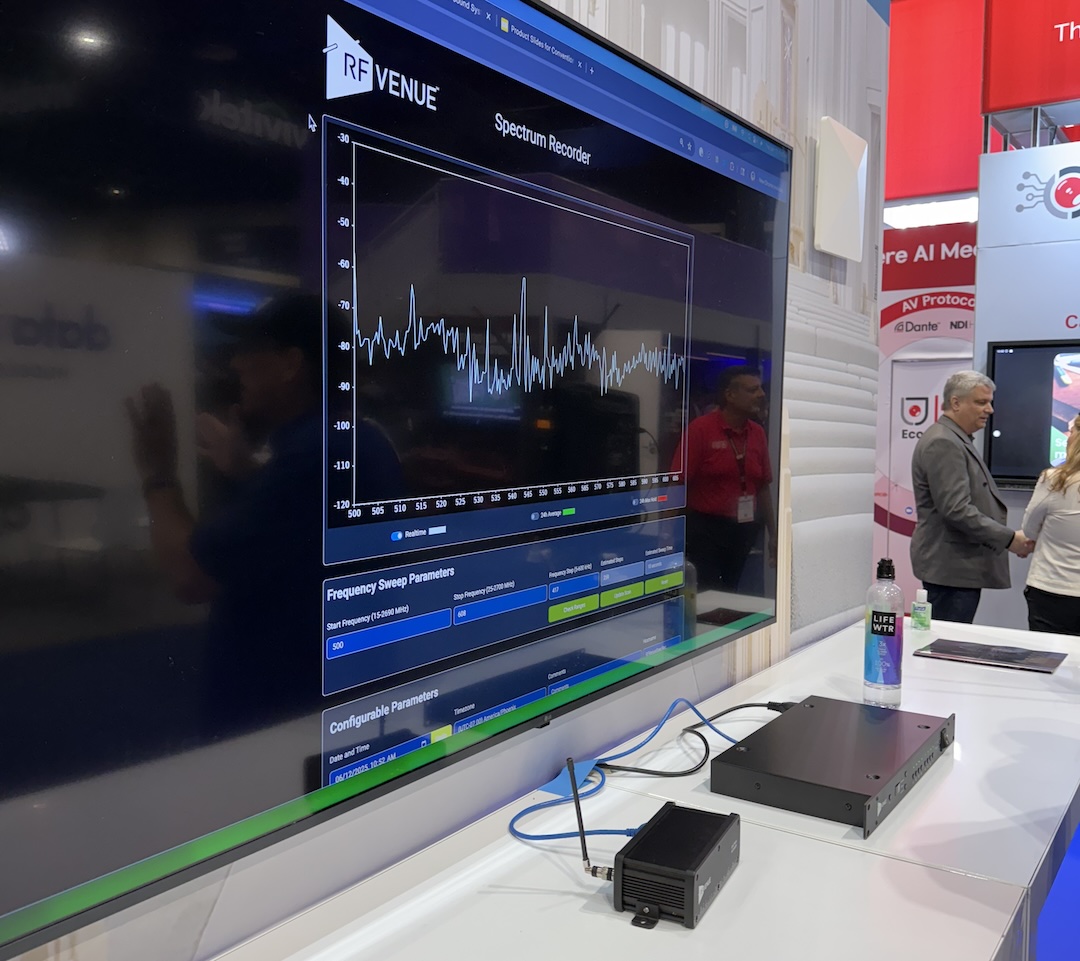 At RF Venue’s booth, one of the most popular attractions was the new CP Stage antenna, but equally eye-catching was the company’s Spectrum Recorder (the smaller unit with an antenna on the back) which aims to simplify monitoring and optimizing wireless microphone and in-ear monitor systems.