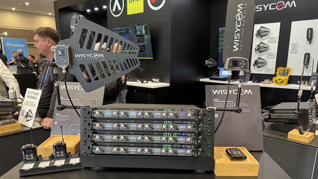 Wisycom had plenty on hand to check out, including its MRK16 Modular Receiver Rack Tray (racked up in center), as well as its MTP61 Micro Multi-Band Bodypack Transmitter (right) and the LBC61 eight-bay/charger for the MTP61 (left).