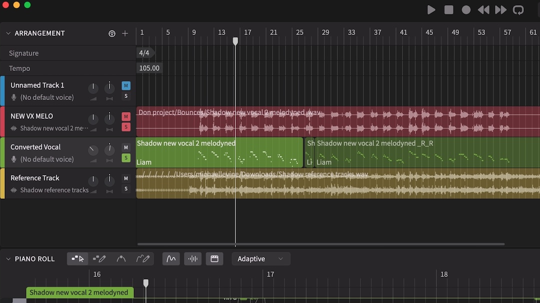 A close-up of the Arrangement Panel, which sits above the Piano Roll and houses MIDI and audio tracks.