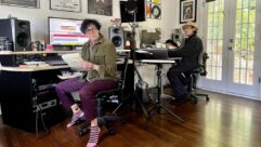 Russell (left) and Ron Mael at work in their private studio, surrounded by memorabilia and gear from JBL Pro, Avid, UA, MOTU, PreSonus and more. Photo: Sparks.