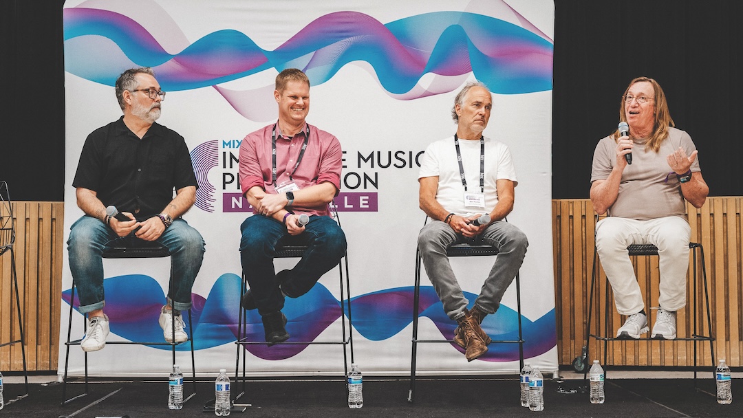The afternoon sessions opened with the second Mix Panel of the day, titled “Entering Phase Two: What’s Next,” with panelists, from left: moderator Dave Rieley, Custom House at Guitar Center; immersive technology whisperer Ceri Thomas, producer/ engineer Ben Fowler, and producer/engineer Chuck Ainlay. Photo: Kevin Craig.