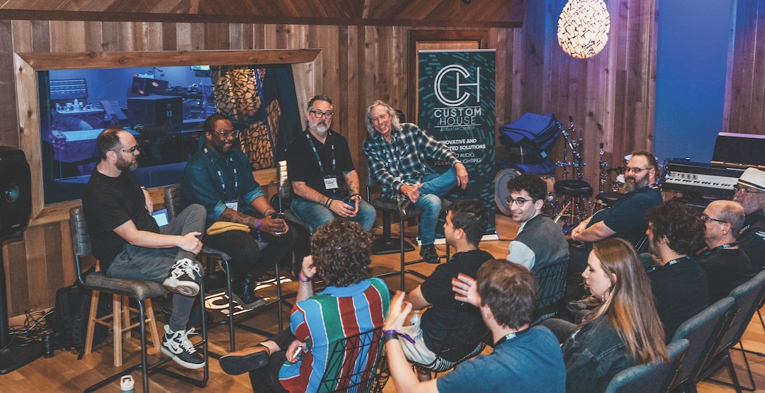 Curb Studios @43 Studio A was packed all day with panels and presentations sponsored by Custom House at Guitar Center; Genelec, which set up a full 7.1.4 playback system; Apogee, which provided the front-end audio; and IK Multimedia, which set up a compact 7.1.4 iLoud monitor system in one of the large iso booths. Photo: Kevin Craig.