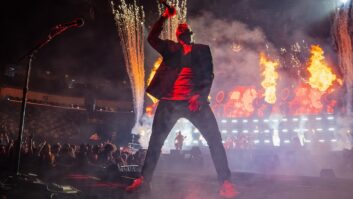 Shinedown leader Brent Smith belts into an sE Electronics V7 vocal mic on the Dance, Kid, Dance tour. Photo: Erika Goldring/Getty Images.