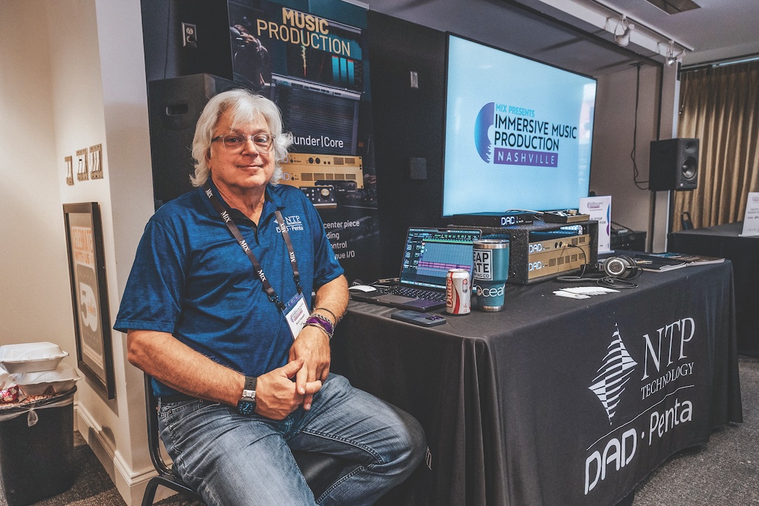Kurt Howell of longtime Mix sponsor DAD set up in the lobby of Columbia Studio A. Photo: Kevin Craig