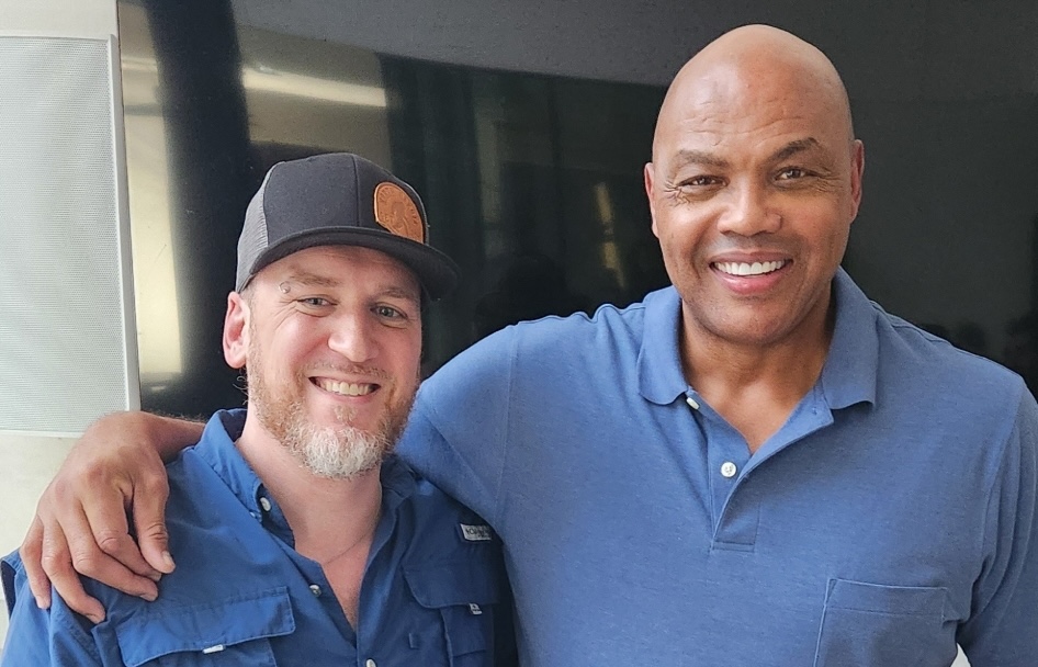 Production sound mixer Mike Sal with basketball legend/sports analyst Charles Barkley.