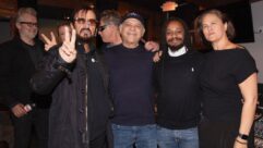 Ringo with the engineering team, during a listening session at Village Recorders on Nov. 15, 2024. (L-R) Mastering engineer Gavin Lurssen, (unknown), Ringo, Michael Piersante, Bruce Sugar, Piersante’s assistant Eddie Roberts, studio manager Tina Morris. Photo: Scott Robert Ritchie.