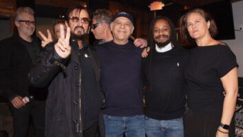 Ringo with the engineering team, during a listening session at Village Recorders on Nov. 15, 2024. (L-R) Mastering engineer Gavin Lurssen, (unknown), Ringo, Michael Piersante, Bruce Sugar, Piersante’s assistant Eddie Roberts, studio manager Tina Morris. Photo: Scott Robert Ritchie.