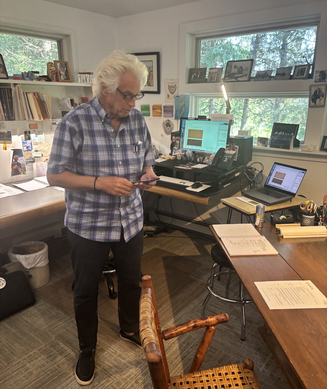 John Storyk in a familiar pose inside his office at WSDG, where he maintains an unending stream of email, text and phone calls about dozens of simultaneous projects going on around the world, exhibiting, in this writer’s opinion, an incredible ability to both multitask and focus, while at the same time slipping in a reference to his love of Yankees baseball and confirming lunch plans.
