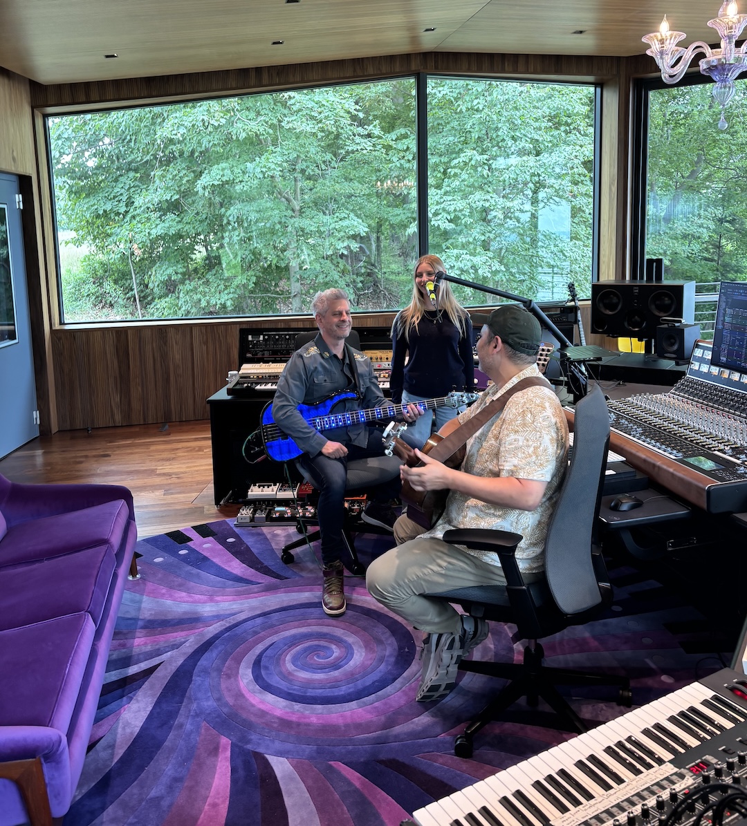 From left, Mike Gordon, his daughter, Tess, and producer/engineer Jared Slomoff in Megaplum, overlooking Lake Champlain.